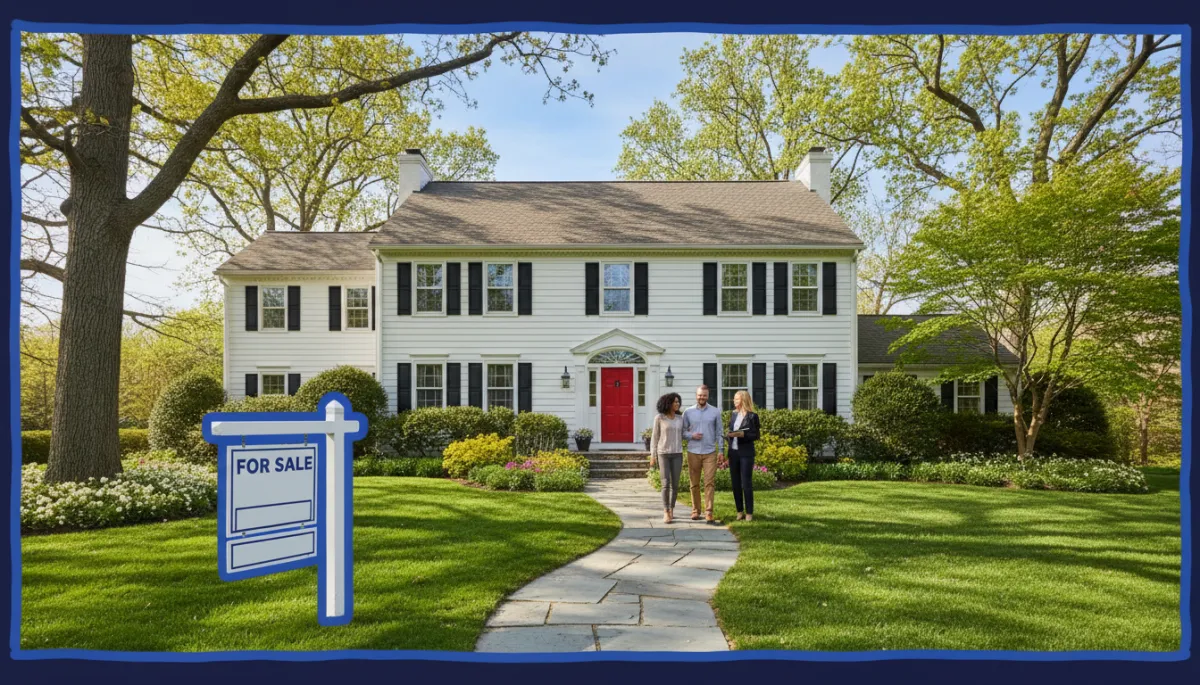 bright natural high-resolution exterior of a classic Connecticut white colonial home with black shutters and a red door, lush green front yard and mature trees in late spring sunlight, a prominent for-sale sign in the yard outlined by a bold hand-drawn royal blue border, diverse couple walking up the front path with an agent, photorealistic style