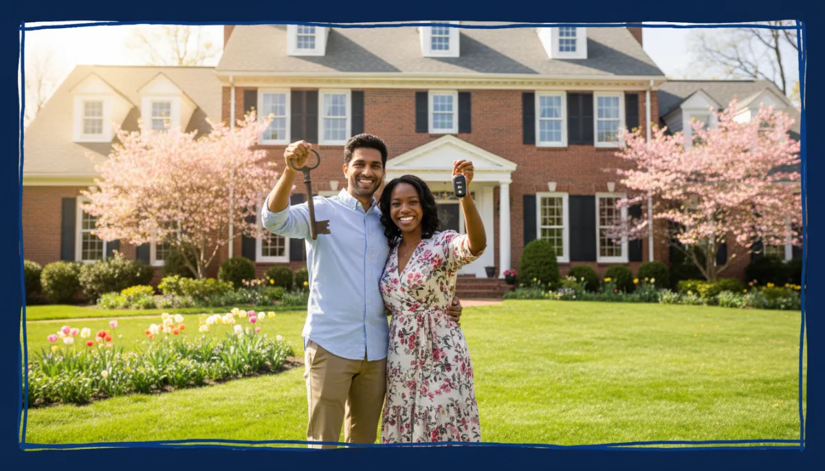 bright natural high-resolution scene of a happy diverse couple standing in front of their classic Connecticut colonial-style home, holding keys and smiling at the camera, lush green yard and spring trees, bold hand-drawn royal blue colored border framing the photo, photorealistic style