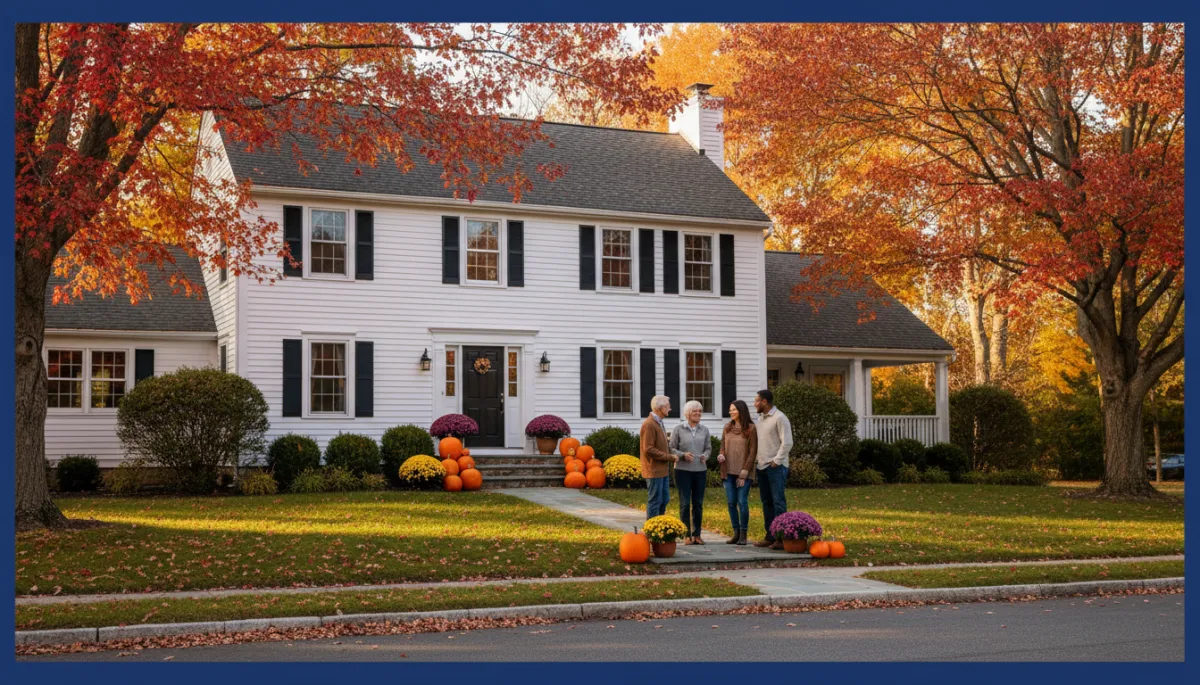 dignified, well-maintained Connecticut colonial home with white clapboard siding and black shutters, set on a quiet tree-lined street with peak autumn foliage in vibrant reds and golds, late-afternoon natural sunlight, front walkway with pumpkins and mums, diverse multigenerational family standing on the front lawn in warm conversation, subtle bold hand-drawn royal blue colored border framing the entire scene, photorealistic style