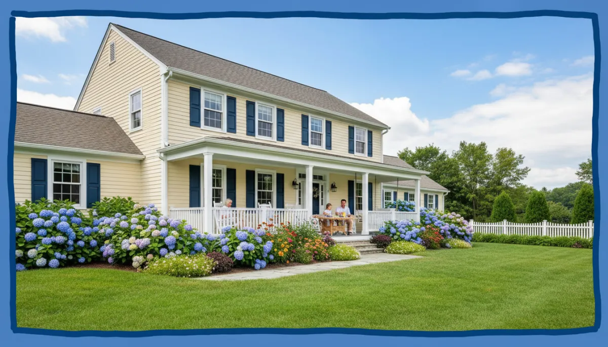 photorealistic bright natural high-resolution photography of a beautiful Connecticut colonial-style home exterior in summer, lush green lawn, blooming hydrangeas and mixed perennial garden, clear blue sky, diverse family relaxing on front porch, bold hand-drawn royal blue colored border around the entire image