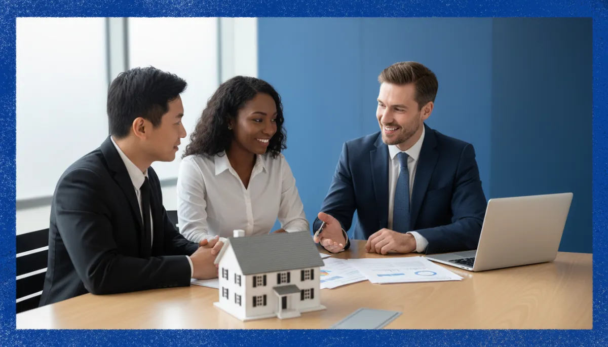 bright natural high-resolution scene of a professional diverse couple sitting with a friendly advisor at a modern wooden desk, reviewing printed home financing documents and a laptop, with a small model of a Connecticut-style colonial home on the table; soft daylight from a window, bold hand-drawn royal blue colored border framing the photo, culturally inclusive, photorealistic style