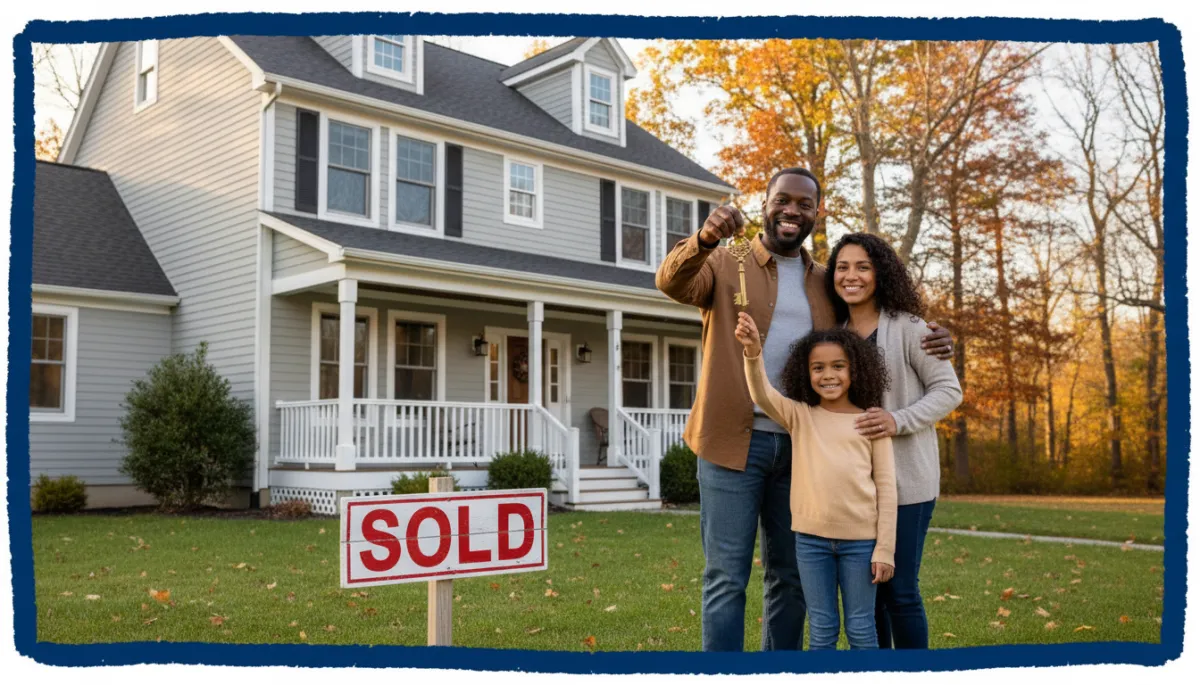 bright natural high-resolution scene of a joyful diverse first-time homeowner family holding keys outside a charming Connecticut starter home with a front porch, green lawn, autumn trees in background, large red SOLD sign in the yard, bold hand-drawn royal blue colored border around the photo, culturally inclusive, photorealistic style