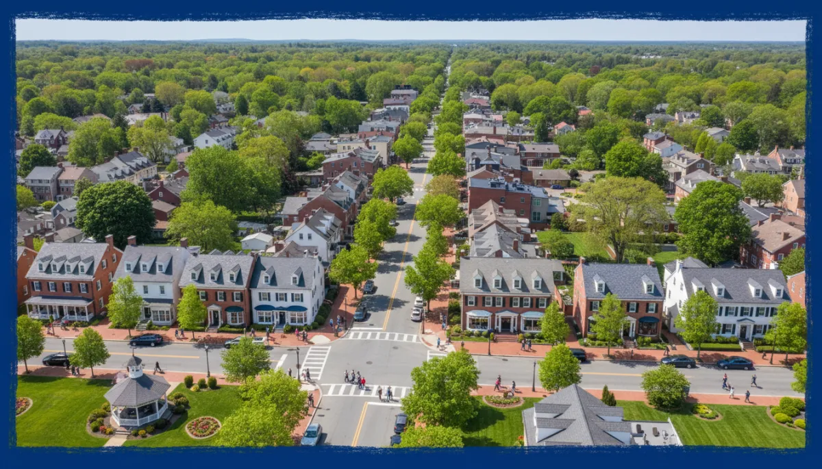 photorealistic bright natural high‑resolution aerial view of a picturesque Connecticut town center with tree‑lined streets, historic colonial and Cape Cod style homes, mixed with small local shops, people of diverse ages and ethnic backgrounds walking and chatting, late spring greenery and clear sky, bold hand‑drawn royal blue colored border around the entire scene