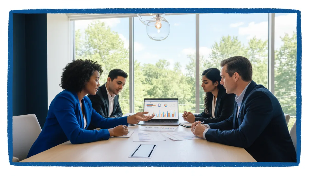 photorealistic bright natural high-resolution scene of a confident diverse Connecticut realtor meeting with clients at a modern office table, everyone reviewing printed market reports and a laptop screen, large windows with New England greenery outside, bold hand-drawn royal blue colored border framing the entire image, culturally inclusive group of adults in professional attire