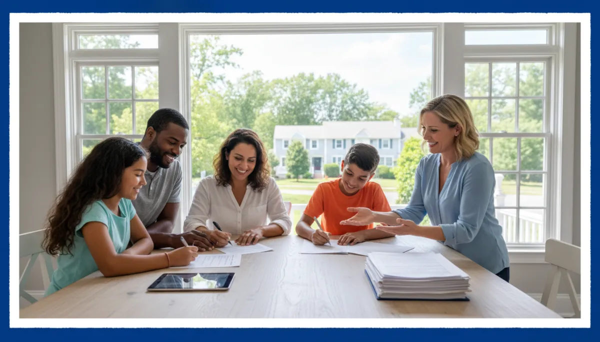 bright natural high-resolution scene of a diverse Connecticut family confidently signing home purchase documents at a sunny white-and-wood kitchen table, large windows with green suburban CT neighborhood visible, agent smiling supportively, bold hand-drawn royal blue colored border around the entire photo, photorealistic style