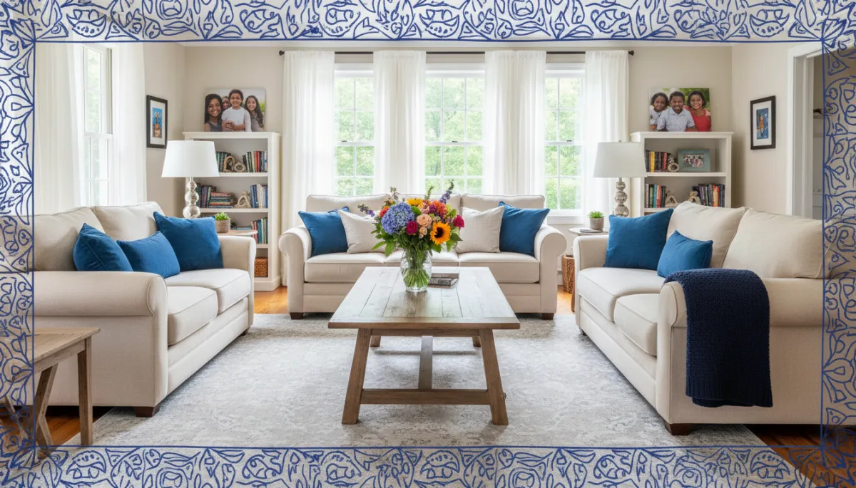 bright natural high-resolution photography of a beautifully staged Connecticut colonial home living room, summer light streaming through white curtained windows, fresh flowers on a coffee table, stylish neutral furniture with royal blue accent pillows and throw, bold hand-drawn royal blue colored border around the image, culturally inclusive family-friendly details, photorealistic style
