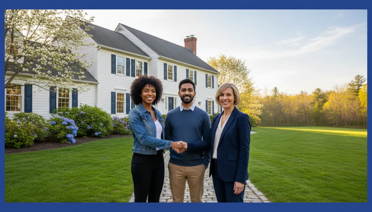 bright natural high-resolution photography of a confident diverse couple shaking hands with their realtor outside a beautiful Connecticut colonial-style home just purchased in a competitive multiple-offer situation, spring greenery, subtle bold hand-drawn royal blue colored border framing the scene, culturally inclusive, photorealistic style