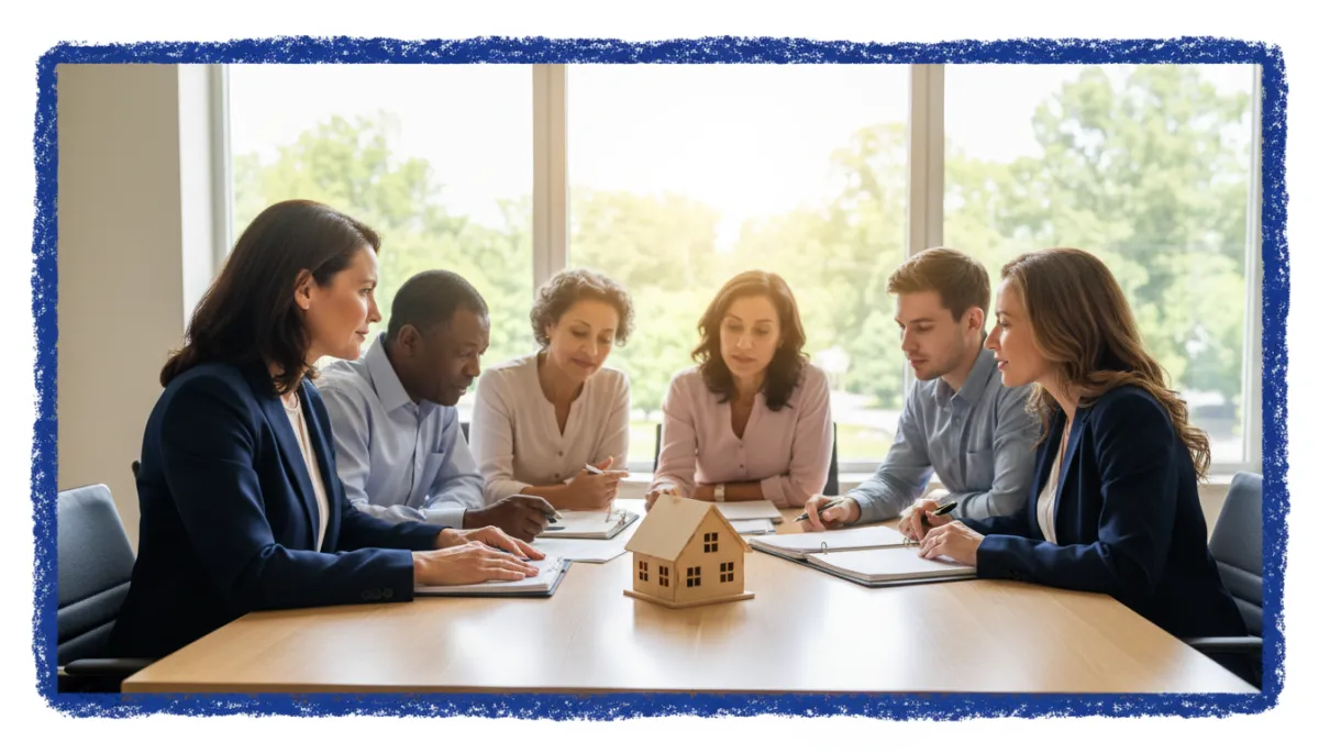 bright natural high-resolution scene of a composed professional Connecticut attorney sitting at a bright wood table with diverse family members, everyone reviewing estate and real estate documents together, small model house on the table, large windows with daylight, subtle bold hand-drawn royal blue border framing the scene, photorealistic style