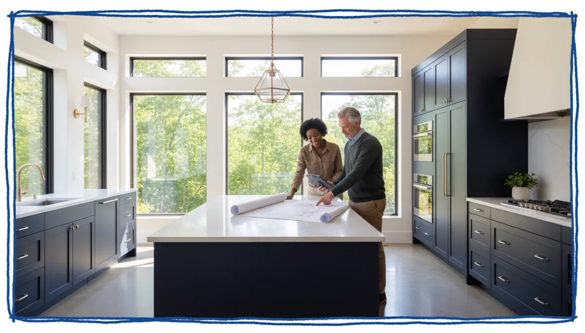 photorealistic scene of a diverse Connecticut homeowner couple at a bright modern kitchen island reviewing renovation plans with a contractor; large windows with New England greenery outside; bold hand-drawn royal blue colored border framing the photo; friendly, professional atmosphere