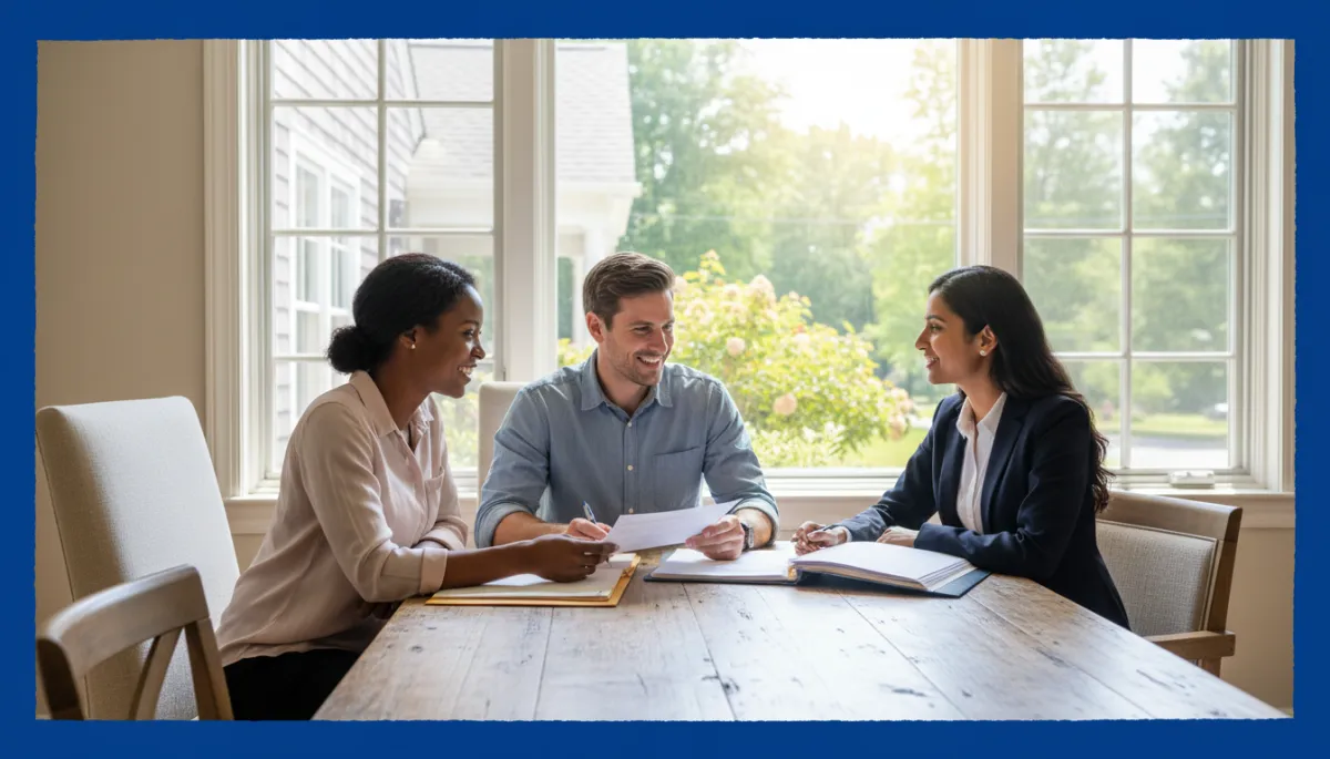 bright natural high-resolution photography of a diverse Connecticut homeowner couple seated at a wooden dining table with a professional lender, reviewing financial documents together, large sunny window behind them showing a leafy Connecticut neighborhood and part of their home exterior, bold hand-drawn royal blue colored border framing the scene, photorealistic style
