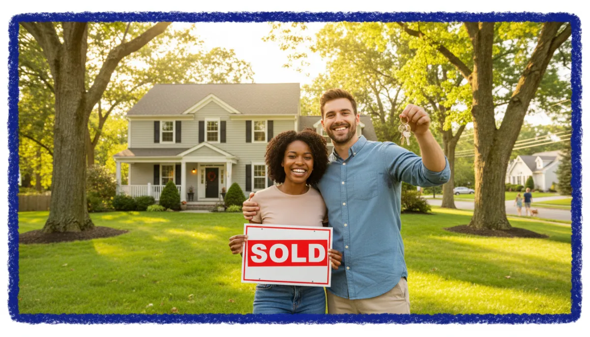 photorealistic bright natural high-resolution photography of a joyful young diverse Connecticut couple standing in front of their first suburban home holding a red SOLD sign and house keys, lush green lawn and mature trees, vibrant summer daylight, bold hand-drawn royal blue colored border around the photo, cheerful welcoming neighborhood street in background
