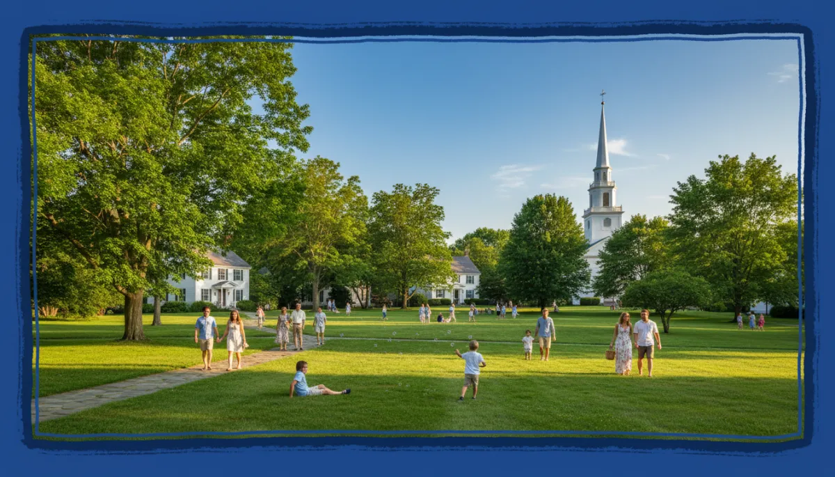 photorealistic bright summer afternoon on a historic New England village green in Woodstock Connecticut, lush green trees, white church steeple, classic clapboard homes, bold hand-drawn royal blue colored border framing the photo, diverse families and couples strolling, children playing on the grass, warm golden sunlight and blue sky
