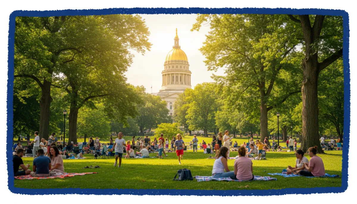 photorealistic bright summer afternoon in Bushnell Park Hartford Connecticut, gold-domed State Capitol glowing in sunlight, lush green trees, diverse families picnicking and kids playing, bold hand-drawn royal blue colored border framing the scene
