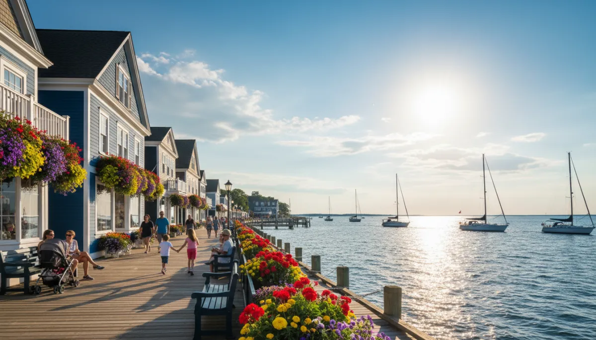 Photorealistic panoramic summer view of the New London County Connecticut coastline and Mystic waterfront, sailboats gliding on sparkling blue water, colorful Mystic storefronts with flower boxes, diverse families strolling the boardwalk and sitting on benches, bright sun and soft clouds overhead, bold hand-drawn royal blue colored border around the entire image