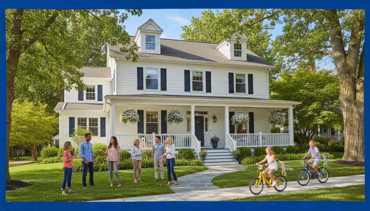 Beautiful Connecticut summer home exterior with welcoming front porch, lush green lawn, diverse neighborhood, royal blue border