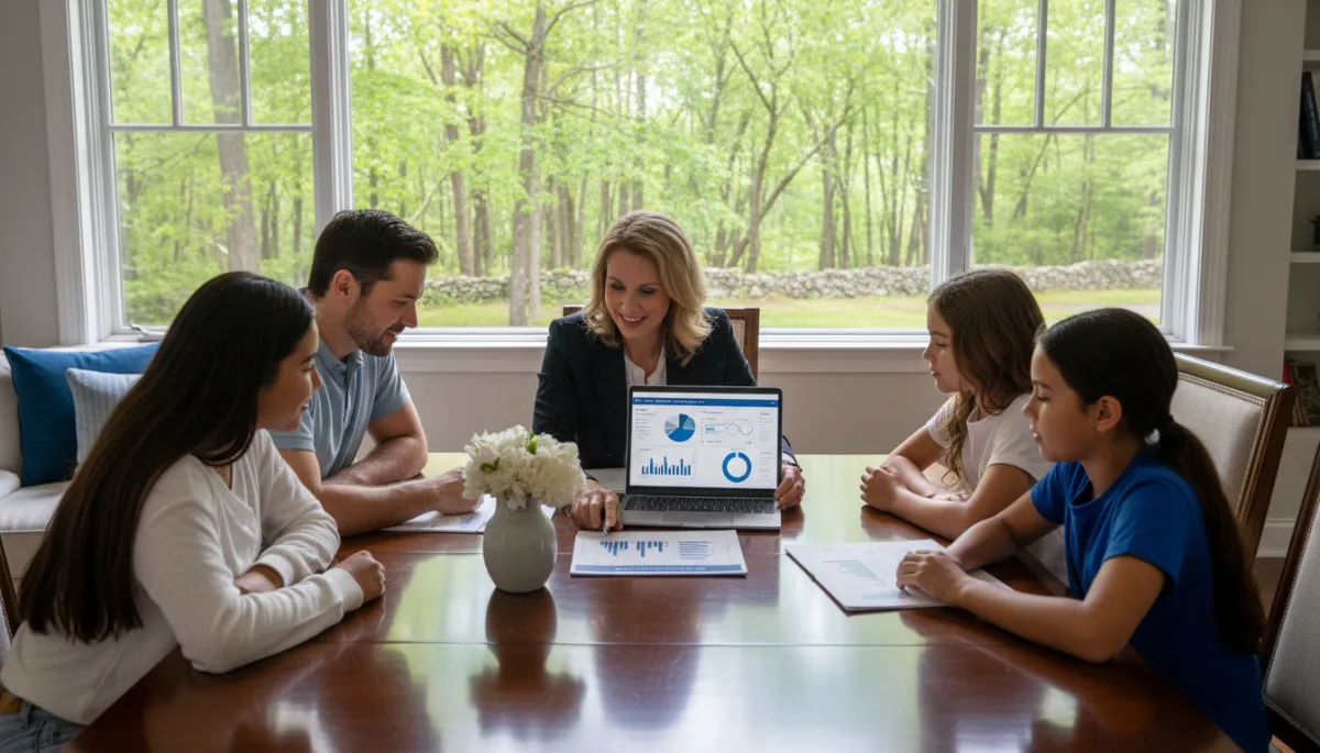 Diverse Connecticut family reviewing market reports with local Realtor, New England greenery, royal blue accents