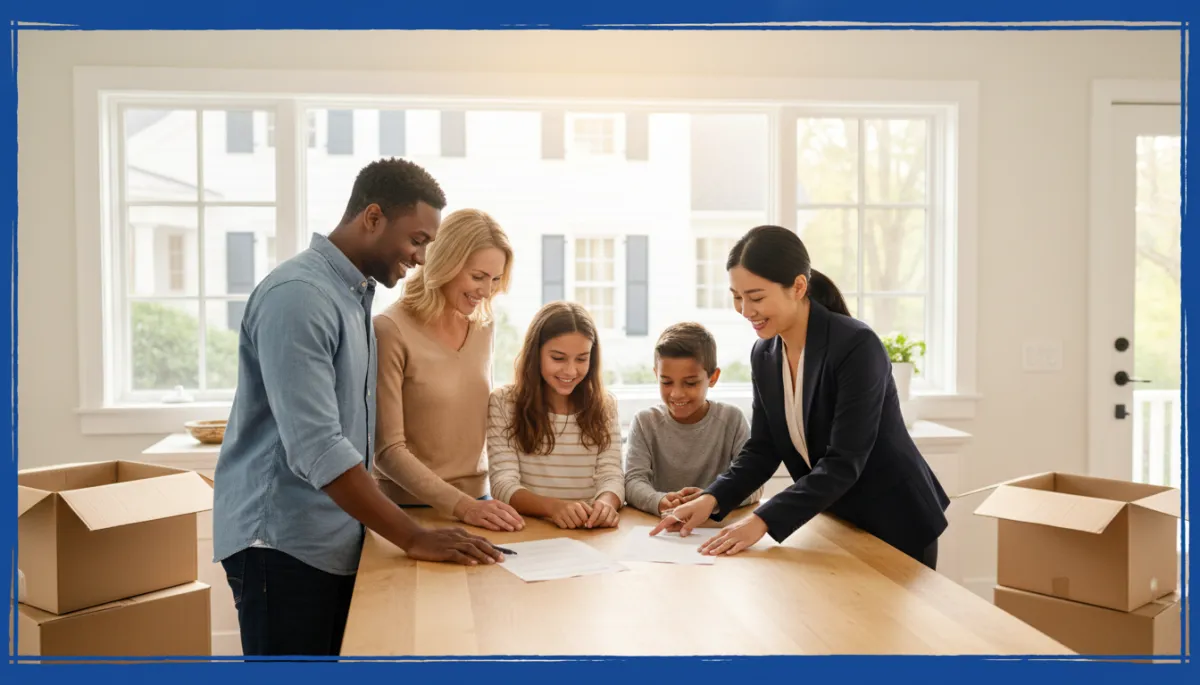 Diverse Connecticut family in front of New England home reviewing documents with real estate agent, royal blue border, optimistic mood