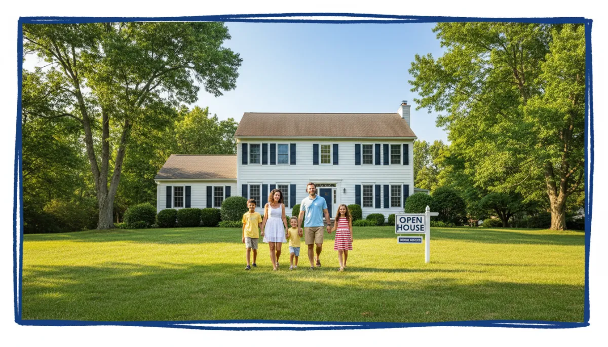Beautifully staged Connecticut colonial home with open house sign, diverse family, royal blue border, warm summer day