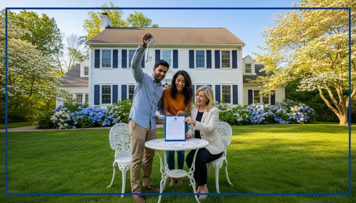 Diverse Connecticut couple celebrating with house keys and real estate agent in front of New England home, royal blue border