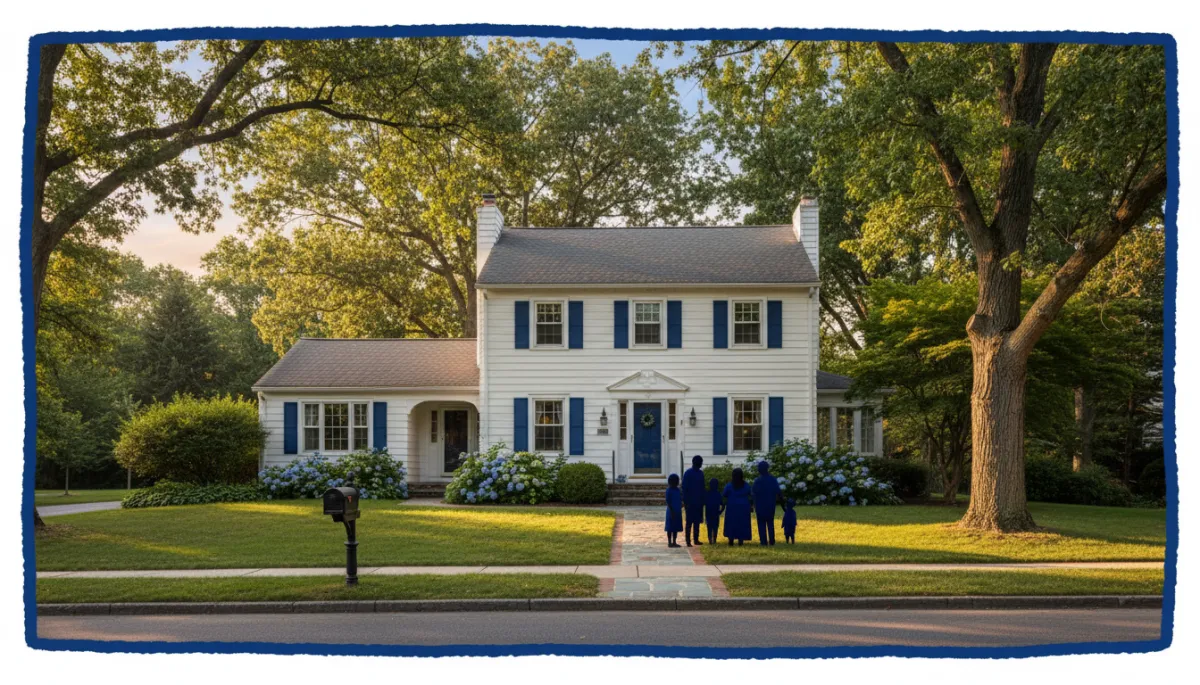 Beautiful Connecticut family home with white siding and blue shutters, peaceful neighborhood, diverse family silhouettes, royal blue border