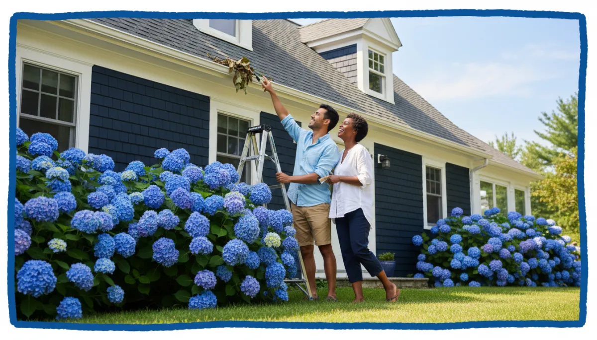 Diverse Connecticut homeowner couple checking gutters and painting New England home exterior, blue hydrangeas, royal blue border