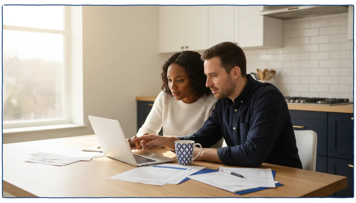 Diverse Connecticut couple reviewing credit information on laptop at kitchen table, sunlight through window, royal blue border