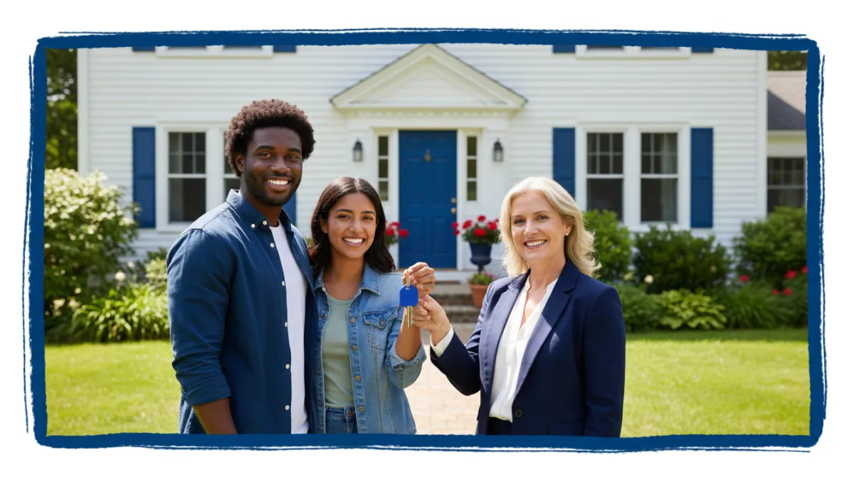 Diverse young couple and professional receiving house keys from Connecticut real estate agent in front of New England home, royal blue border, joyful