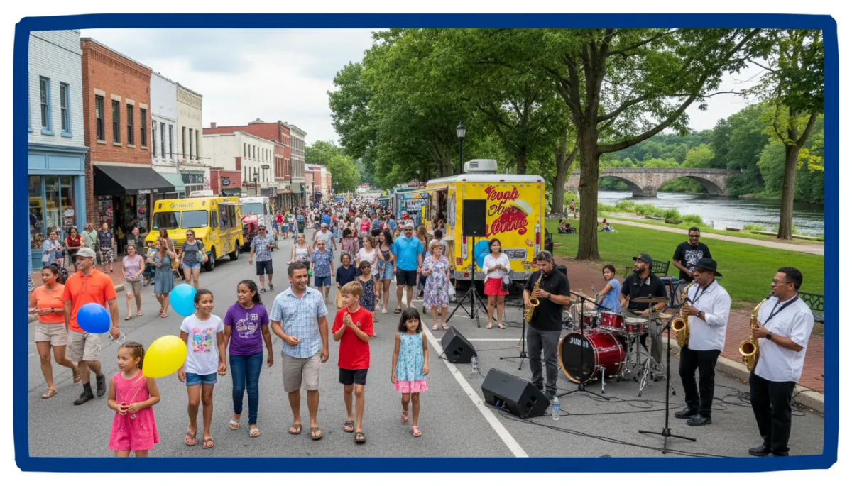 Vibrant Willimantic Connecticut downtown summer event with diverse community, musicians near Shaboo Stage, royal blue border