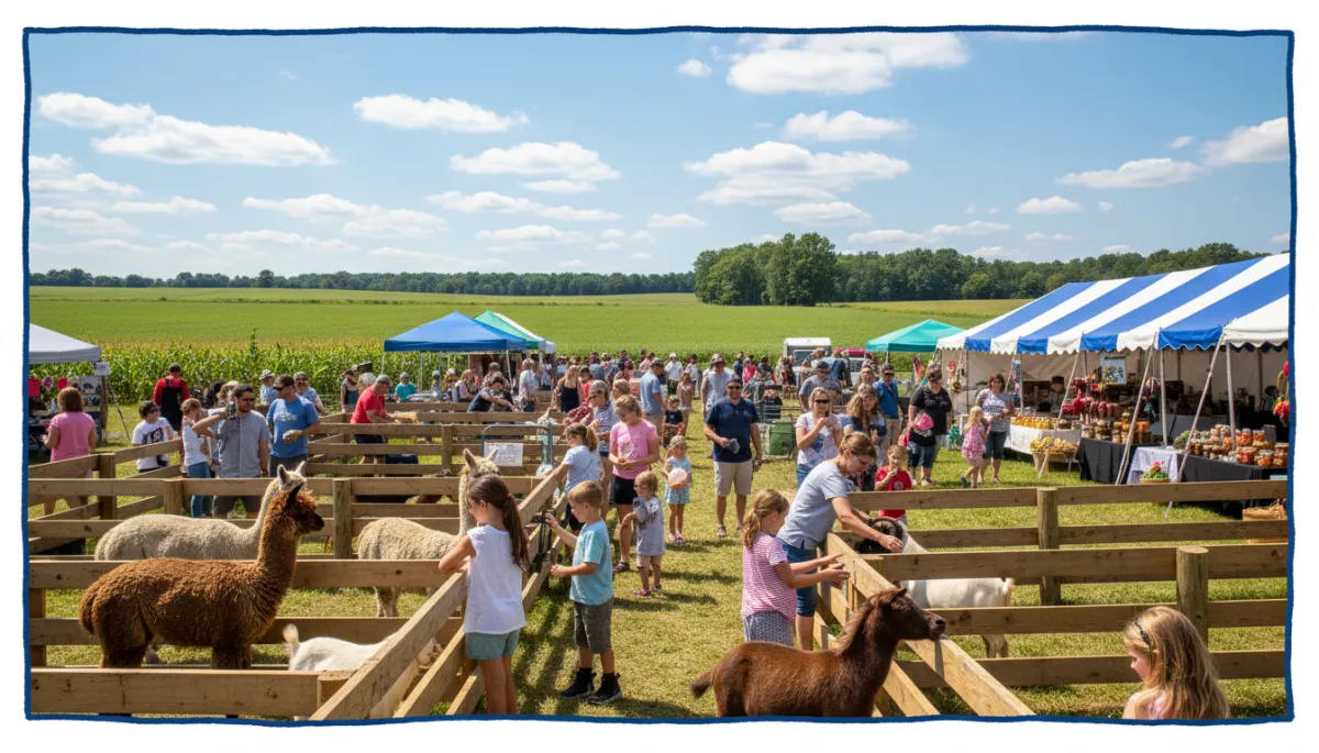 Tolland County Connecticut agricultural fair with diverse families enjoying farm animals and vendor tents, green fields, royal blue border