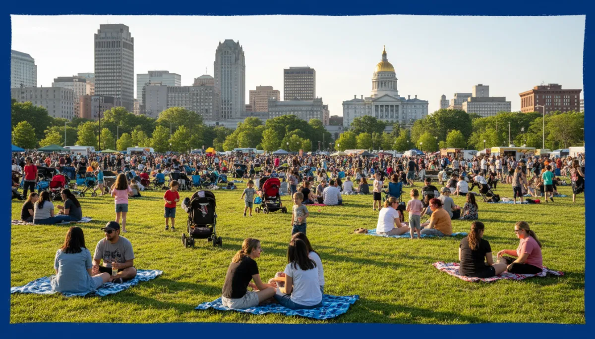 Downtown Hartford Connecticut Bushnell Park with diverse crowd at summer community event, skyline background, royal blue border