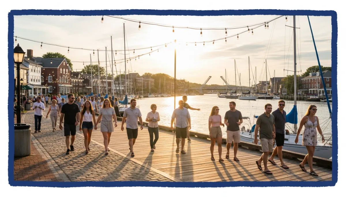 Mystic Connecticut coastal waterfront at golden hour with diverse crowd strolling near sailboats, royal blue border