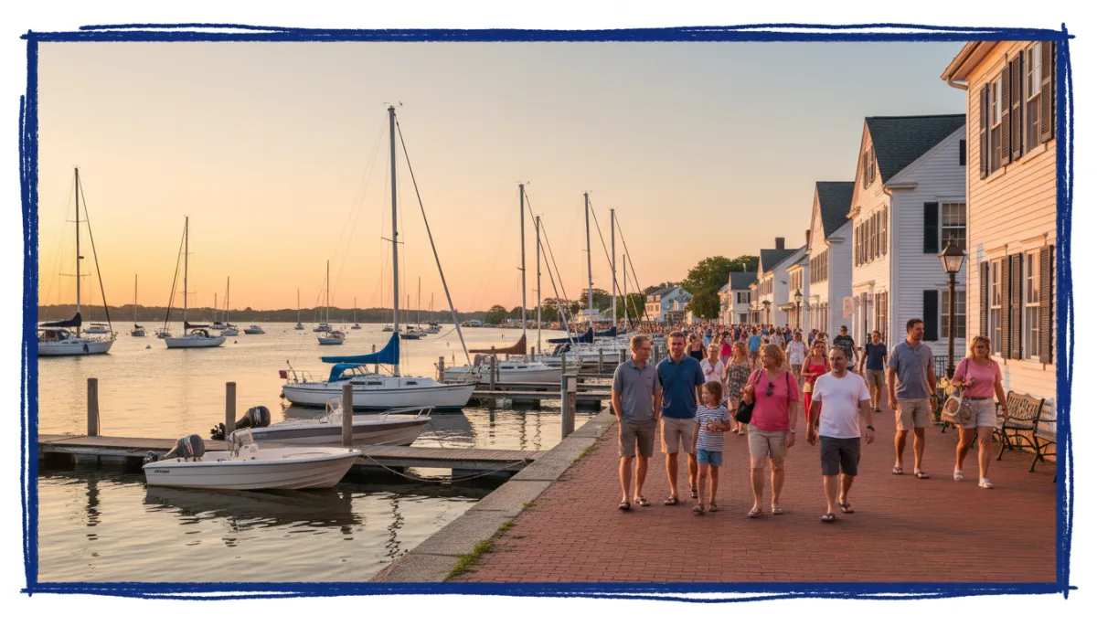 Essex Connecticut historic waterfront at golden hour with sailboats, diverse community strolling along brick sidewalk, royal blue border