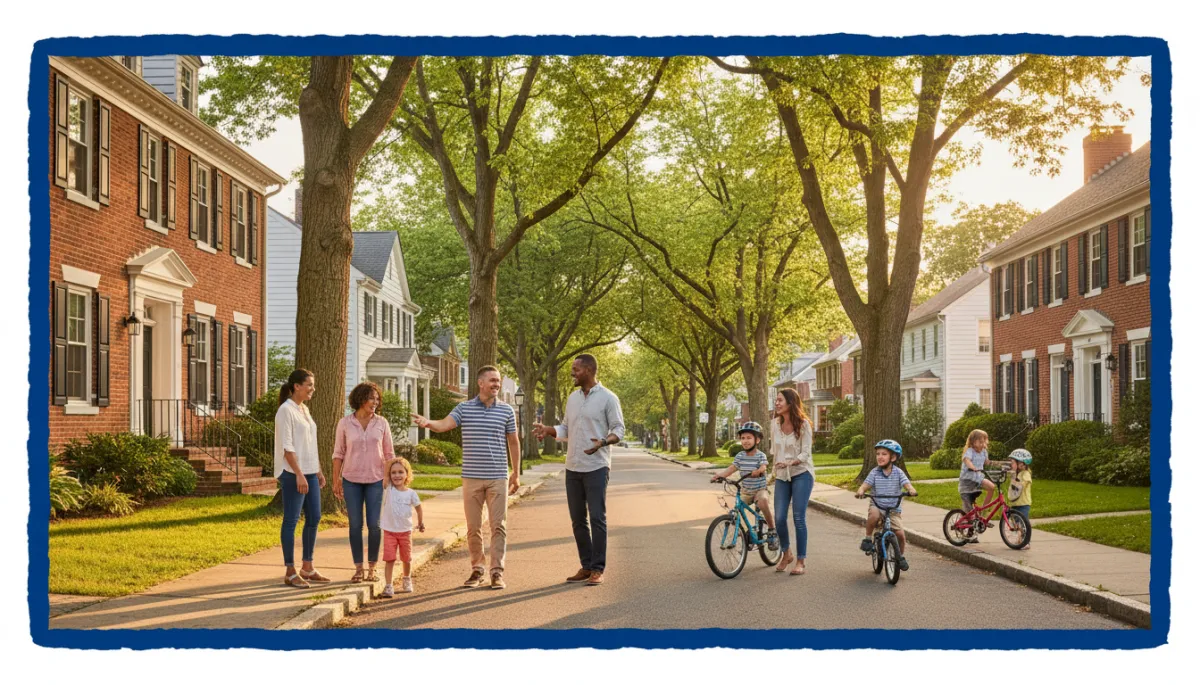 Bright natural Connecticut neighborhood summer street scene with classic New England homes, diverse community, royal blue border