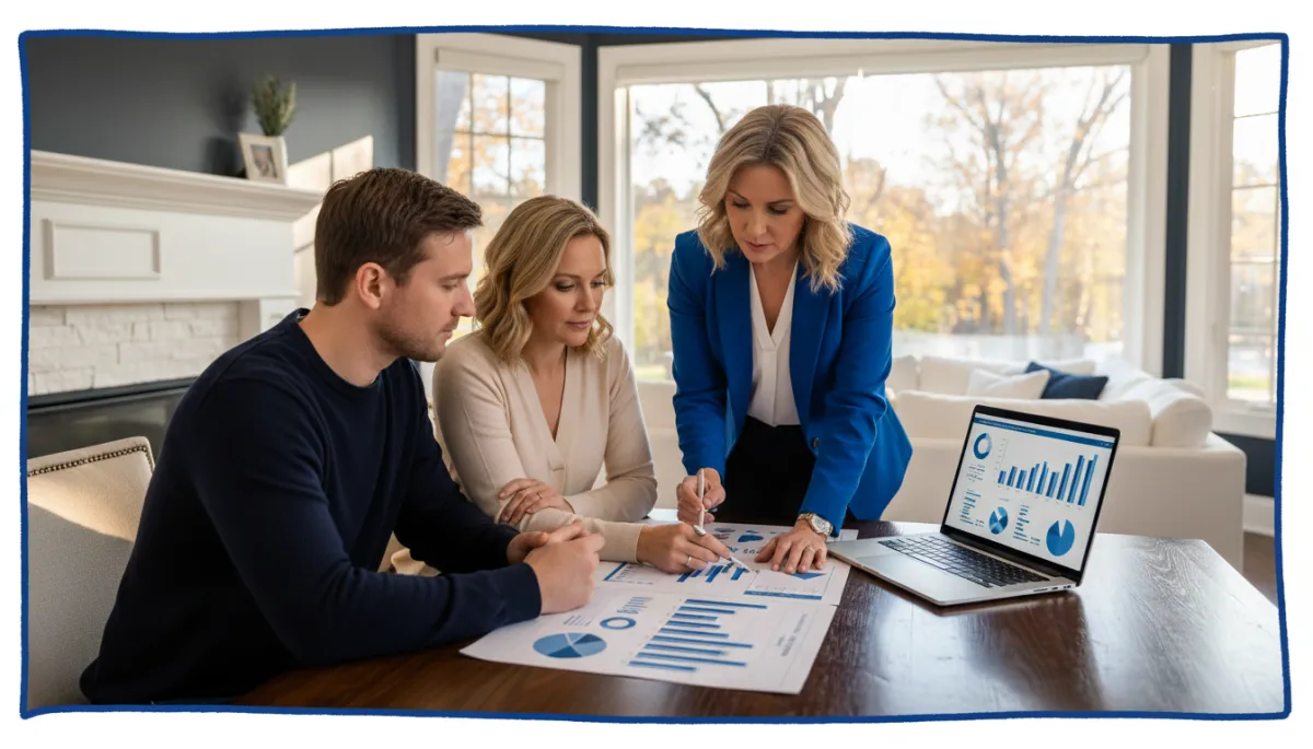 Diverse Connecticut couple reviewing property tax documents and financial paperwork at home, organized and confident, royal blue border