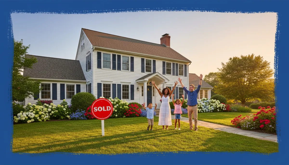 Connecticut colonial home with SOLD sign and diverse celebrating family, lush summer lawn, royal blue border