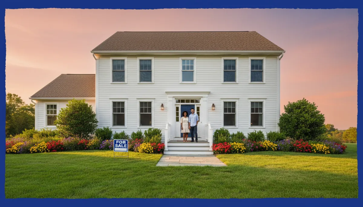 Beautifully staged Connecticut colonial home exterior with diverse homeowner couple smiling on front porch, for sale sign, royal blue border