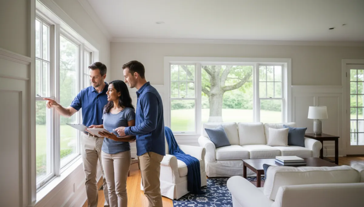 Home inspector with diverse CT buyer couple reviewing inspection notes in Connecticut colonial living room, reassuring professional mood, royal blue border