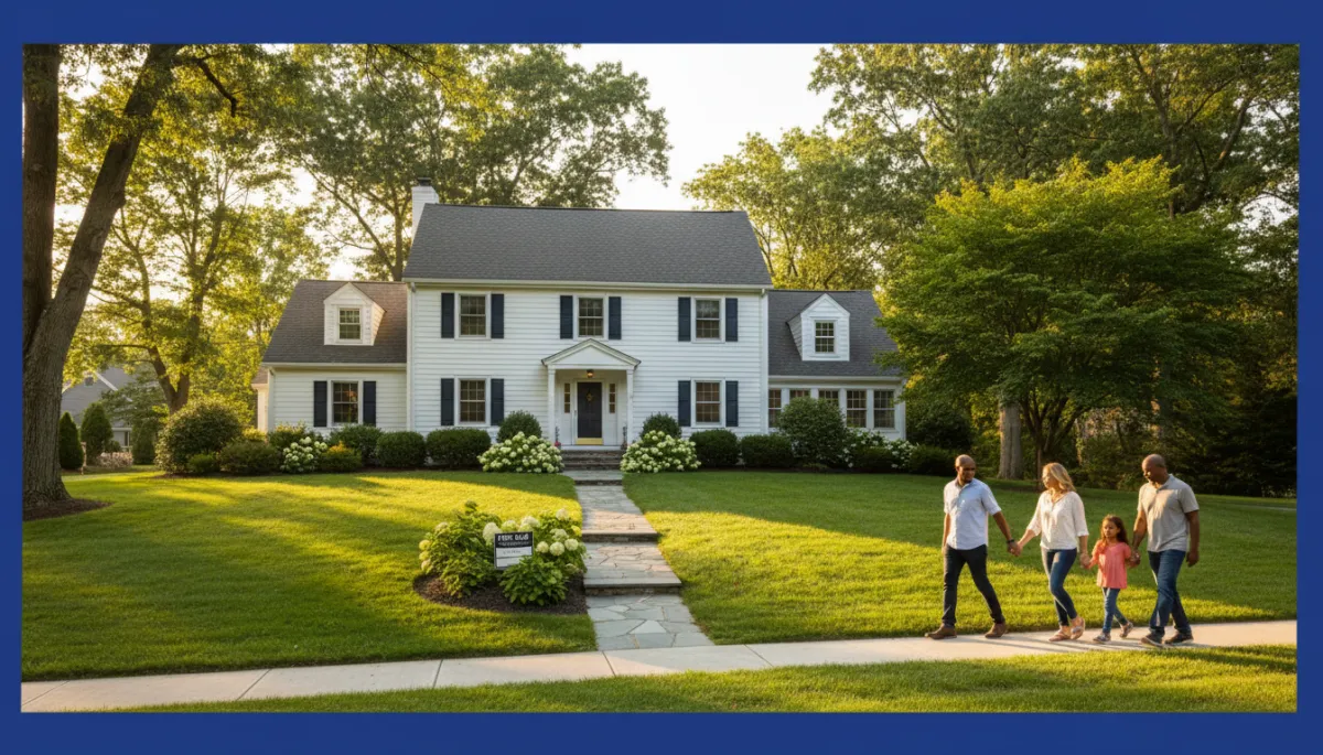 Warm New England family estate home exterior, diverse multigenerational family silhouettes, late afternoon light, royal blue border
