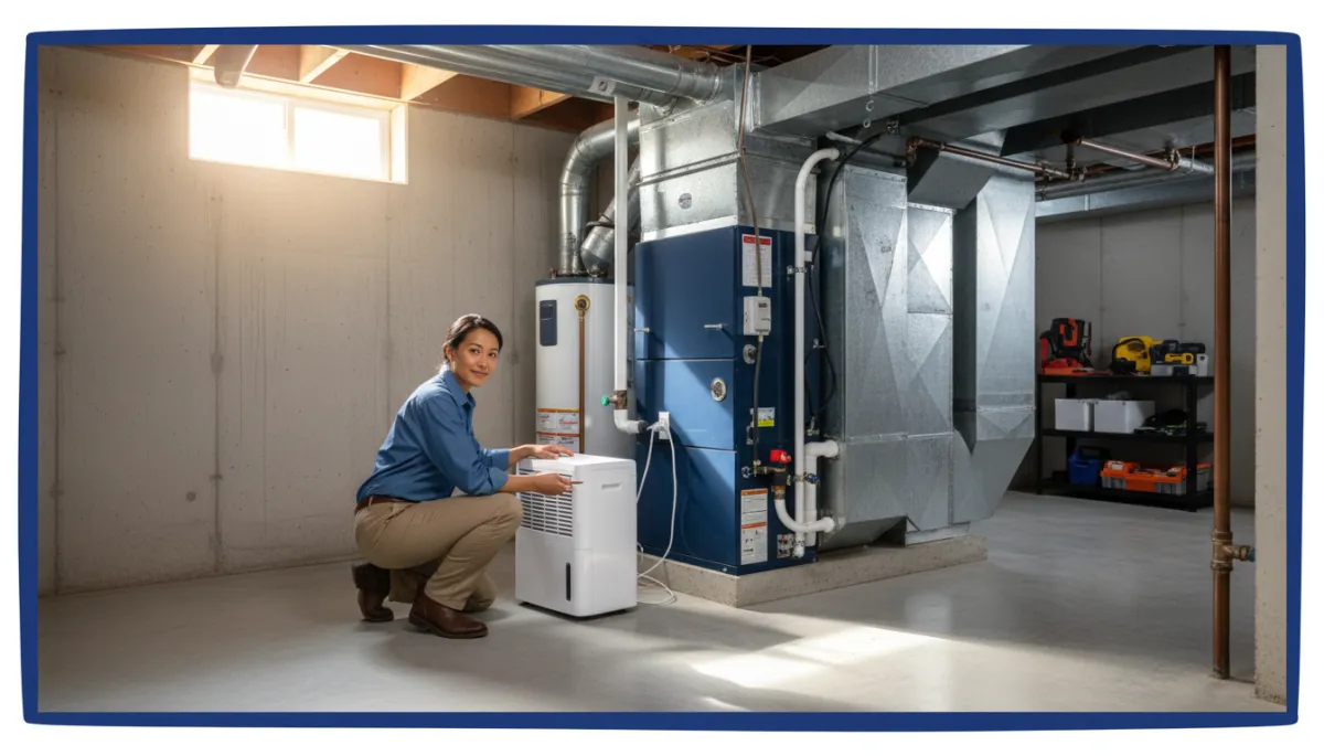 Diverse Connecticut homeowner checking dehumidifier in well-maintained basement, confident and proactive, royal blue border