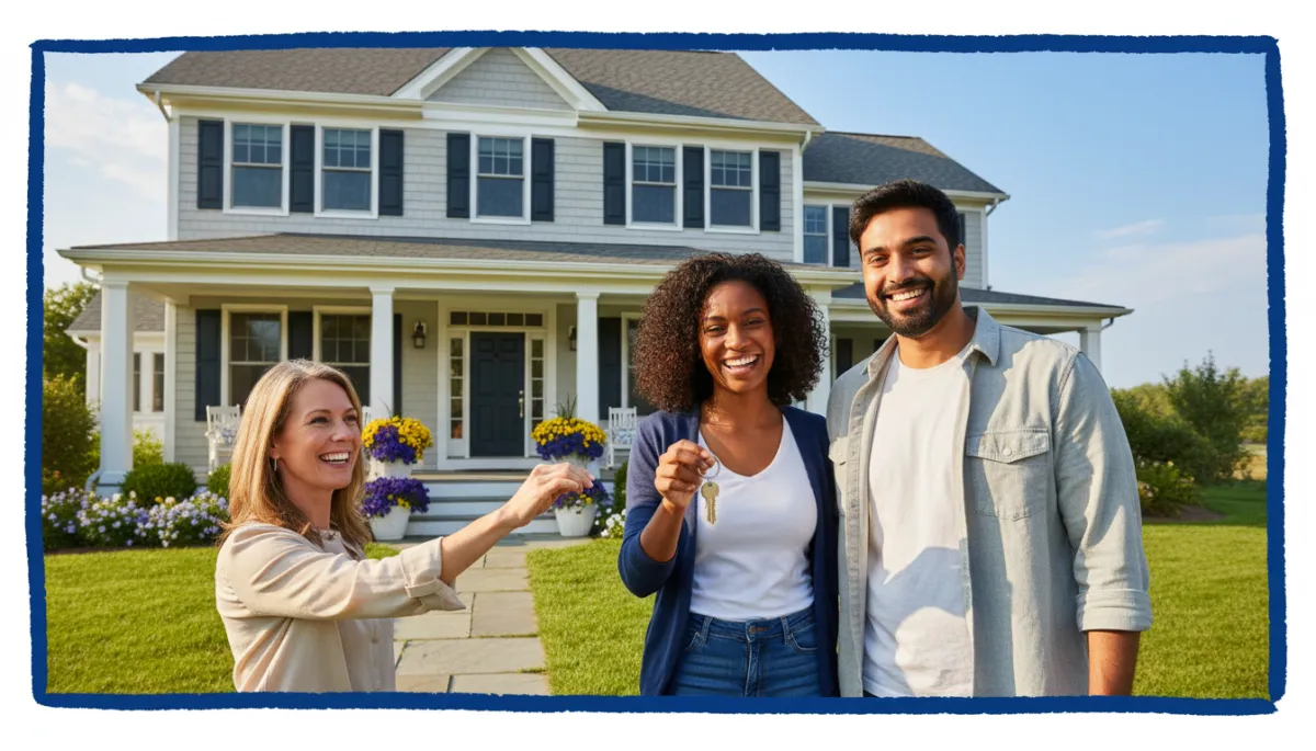 Diverse first-time Connecticut homebuyer couple receiving house keys from agent in front of charming CT home, joyful and hopeful, royal blue border