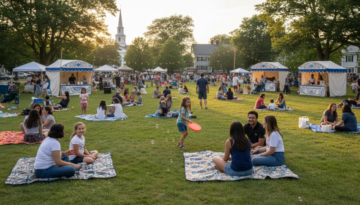 bright natural photography of diverse families and neighbors gathered on a New England town green in Tolland County during early summer evening with picnic blankets children playing and small vendor tents decorated with royal blue and dark navy hand drawn borders around the photo