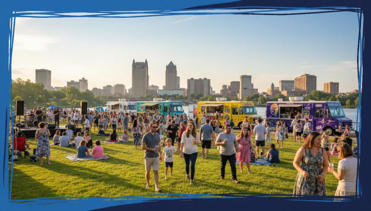 bright natural photography of diverse crowd enjoying outdoor summer event along the Connecticut River in Hartford with skyline in background food trucks families and friends laughing hand drawn royal blue #1b489b and dark navy #0c0f24 border around the photo