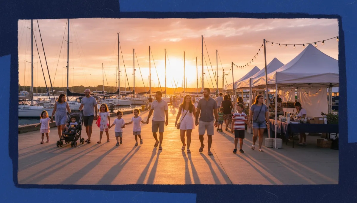 bright natural photography of diverse families and friends walking along a New London Connecticut waterfront promenade at sunset with sailboats in harbor food tents and small festival lights hand drawn royal blue #1b489b and dark navy #0c0f24 border around the photo