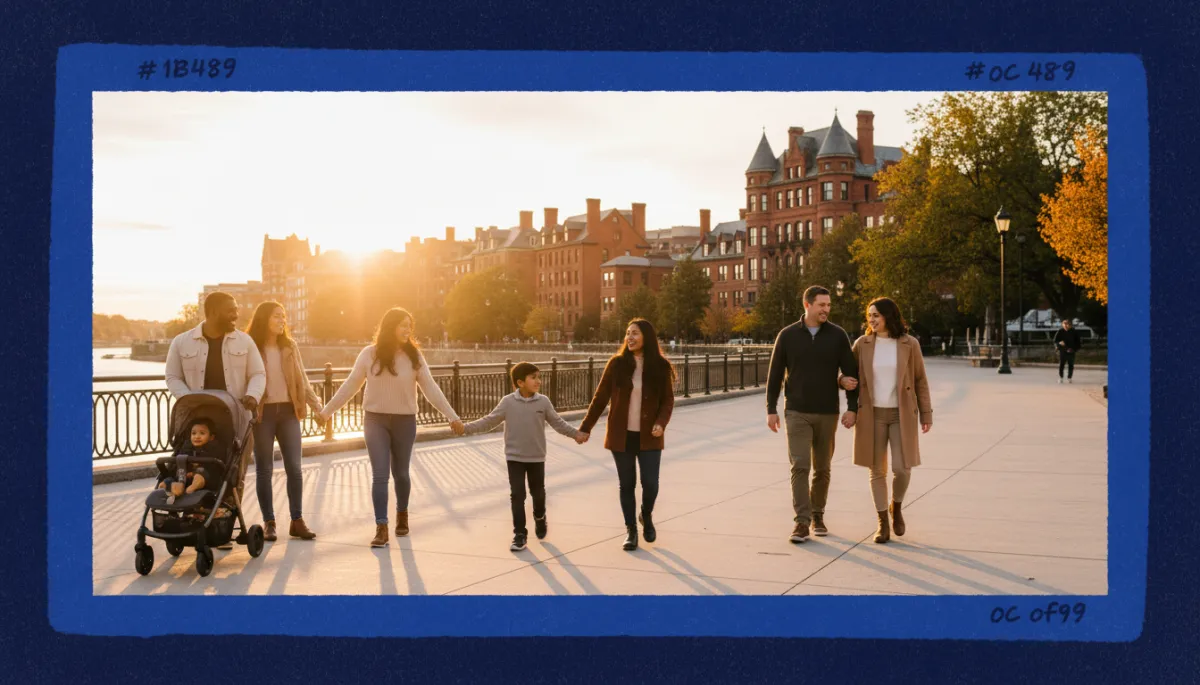 bright natural photography of diverse families and couples walking along a Connecticut Riverfront promenade at golden hour with historic buildings and trees in the background hand drawn royal blue #1b489b and dark navy #0c0f24 border around the photo