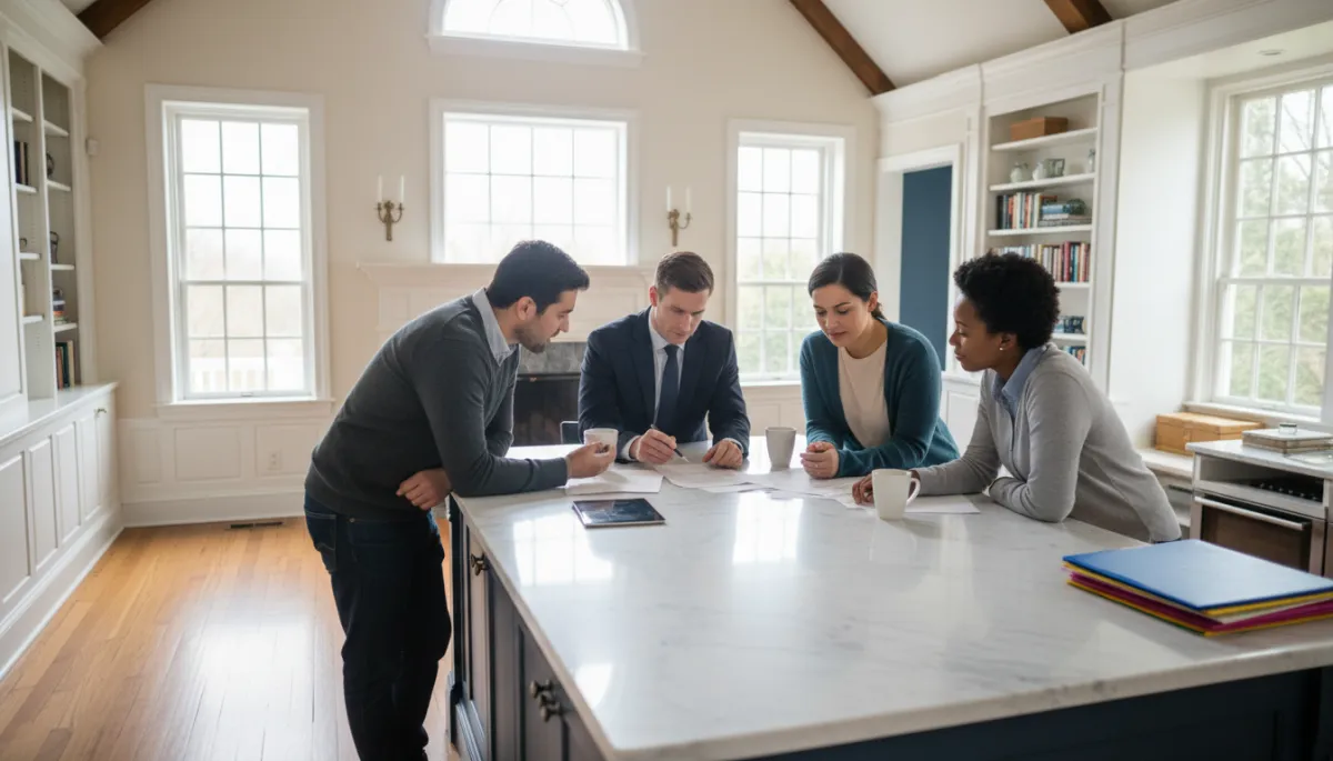 bright natural photography of a diverse group of Connecticut homebuyers and a real estate agent reviewing offers at a kitchen island in a sunlit colonial style home interior hand drawn royal blue #1b489b and dark navy #0c0f24 border around the 600x400 photo