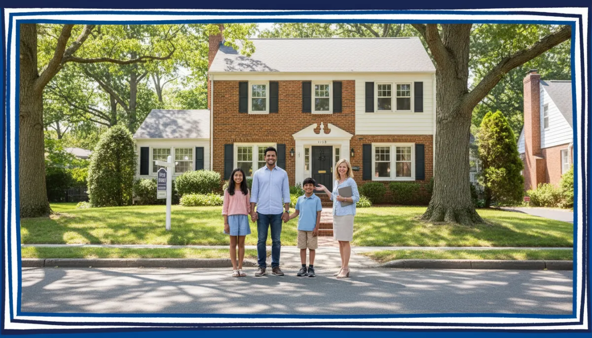 Diverse Connecticut family and real estate agent standing on a sunny tree lined suburban street in front of a classic New England home with a For Sale sign bright natural photography hand drawn royal blue #1b489b and dark navy #0c0f24 border around the photo
