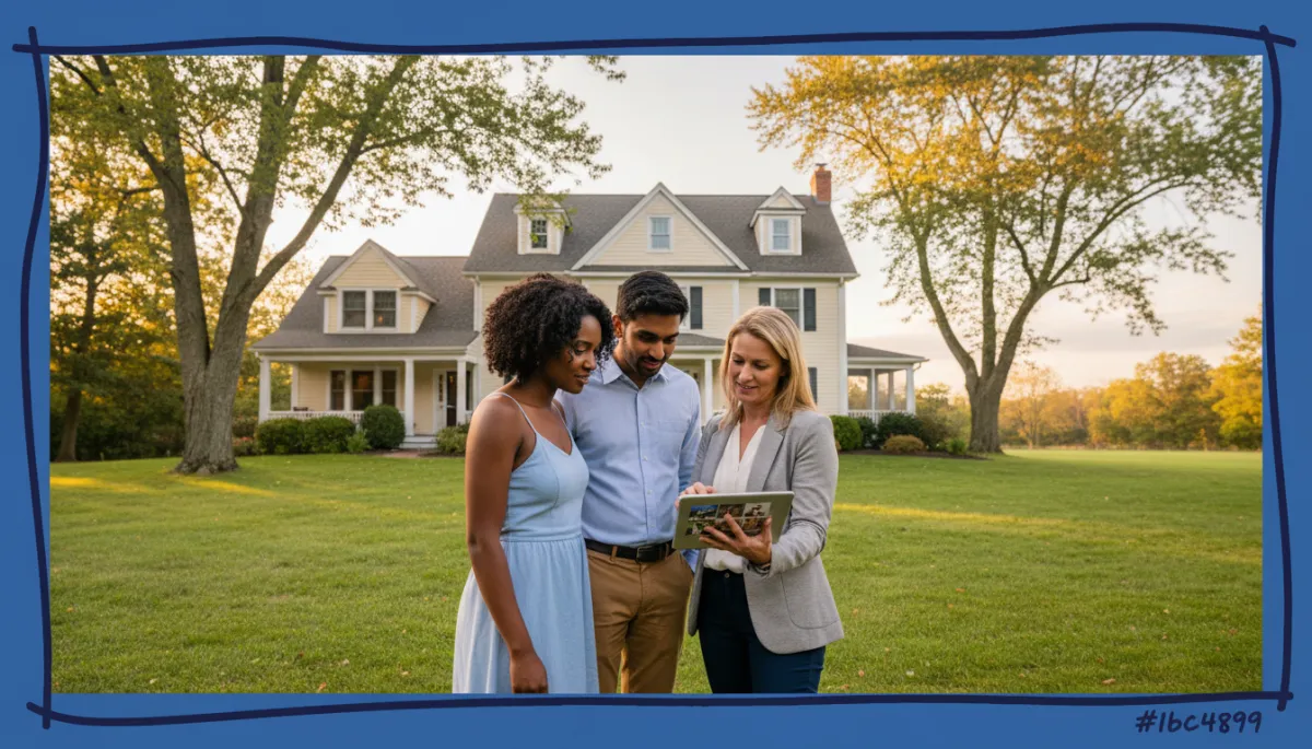 bright natural photography of a diverse couple and a real estate agent reviewing home listings on a tablet outside a classic New England style Connecticut home with green yard and trees soft evening light hand drawn royal blue #1b489b and dark navy #0c0f24 border around the photo