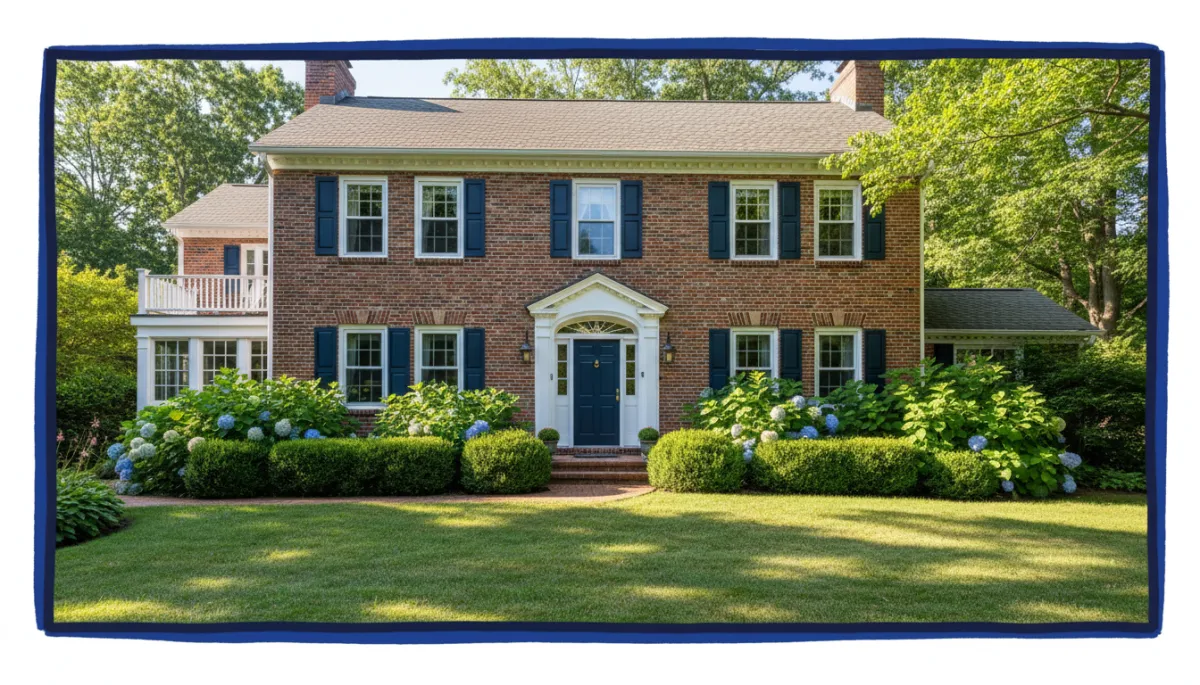 bright natural photography of a Connecticut colonial home with fresh white trim navy blue front door and lush green landscaping on a sunny summer afternoon hand drawn royal blue #1b489b and dark navy #0c0f24 border around the photo