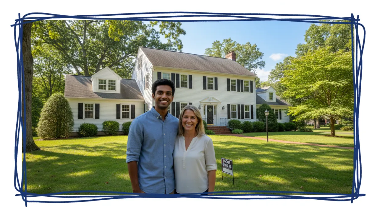 bright natural photography of a diverse young couple and their real estate agent standing in front of a classic Connecticut colonial home on a sunny day, subtle hand drawn border in Royal Blue #1b489b and Dark Navy #0c0f24 around the photo