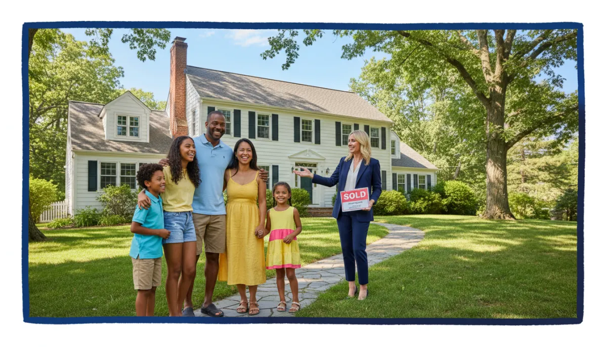 bright natural photography of a diverse Connecticut family and their realtor standing outside a well kept colonial style home on a sunny day hand drawn royal blue #1b489b and dark navy #0c0f24 border around the photo